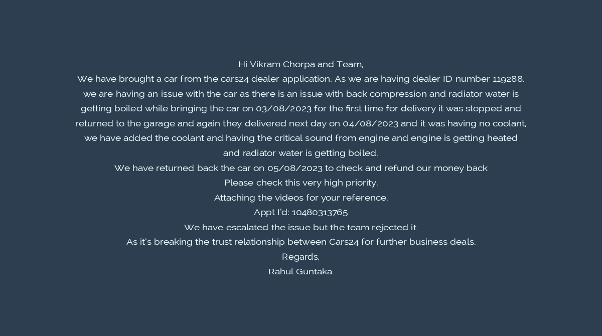 guntakarahulkum's tweet photo. Hi @vikramchopra @Cars24Support
@cars24india

Please check this and help us with very priority and fix the issue ASAP. https://t.co/KNGxcx4iSQ