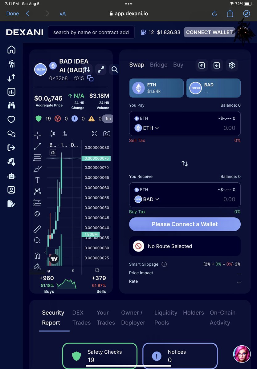 Joelliuzzi's tweet photo. This is just a sexy chart of $BAD shown here on @Dexaniio swap @badideaai has been climbing all day as has its holders word must be getting out ahead of the Toronto #crypto conference 
$X $HOUSE $WOOF $PEPE #ai #midjourney #MidjourneyAI 

https://t.co/VoMQdGAkmv https://t.co/FgHWfg7xDb