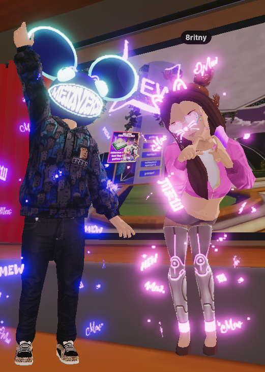 SinfulMeatStick's tweet photo. hey @deadmau5  my @decentraland friends are wondering wen @deadmau5 x @SinfulMeatStick  collab?

Lets make it happen💪💪

The image below is a picture of my avatar and the lovely  @8ritny ♥️ 

P.S I have not taken my Mau5 Helmet off since you performed on #Decentraland in 2021🚀 https://t.co/Ur0Gysvmoq