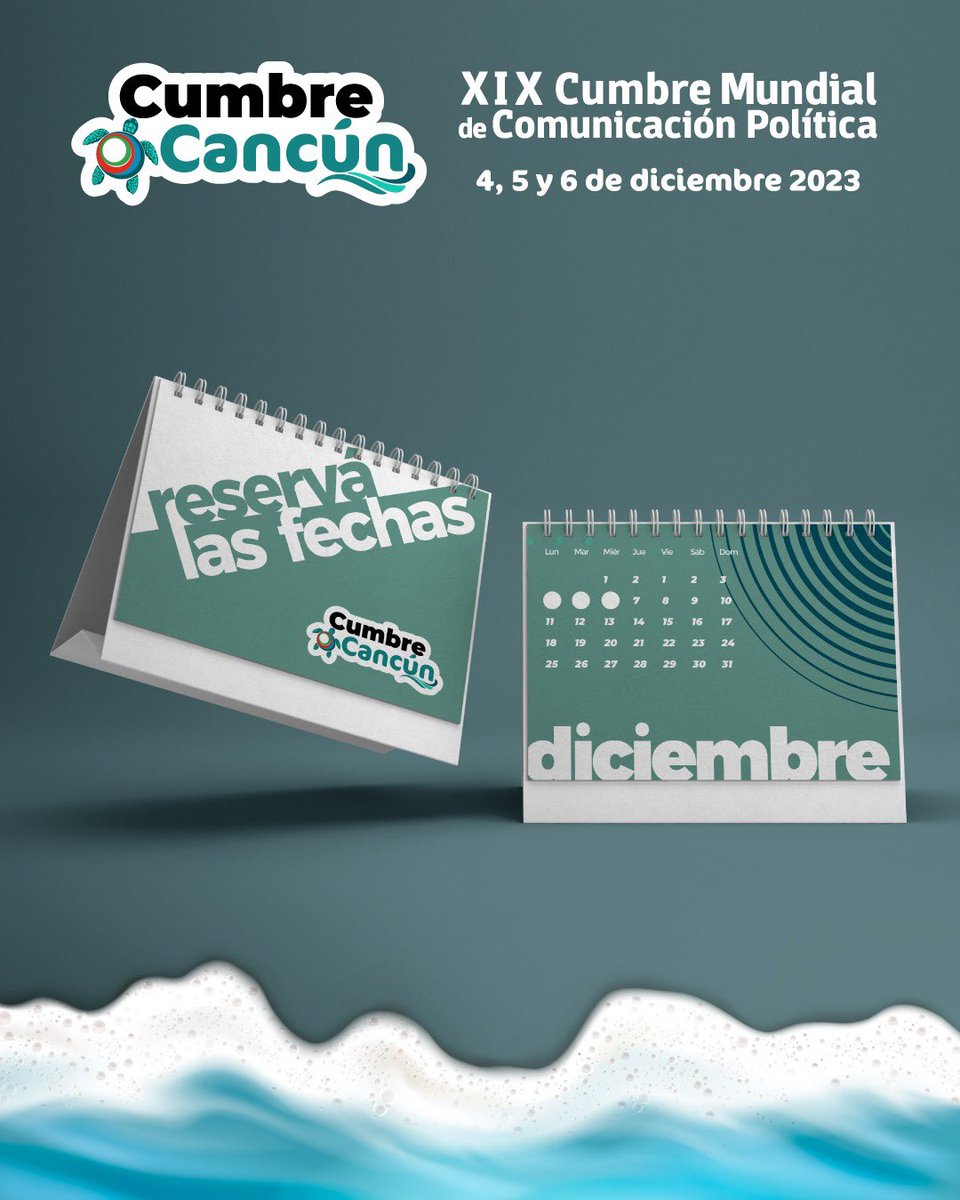 ¡Reserva las fechas! 🌎 
Cumbre Mundial de Comunicación Política en 🌴Cancún los días 4, 5 y 6 de diciembre 🗓️
Este evento imperdible reunirá a expertos internacionales en el ámbito de la Comunicación Política para compartir conocimientos, casos de éxito y tendencias actuales.