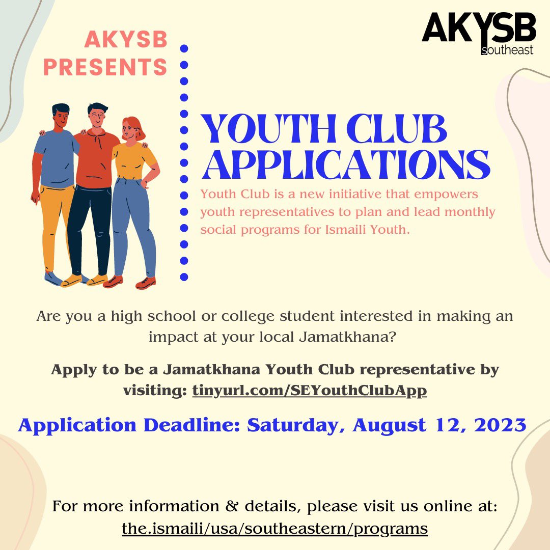 akysbsoutheast's tweet photo. Just one more week left to apply to be a Jamatkhana Youth Club representative! If  you have some ideas for fun social gatherings for your fellow students in your Jamatkhana, consider signing up to be apart of our Youth Club! Apply to be a representative at https://t.co/gIQpIvOder https://t.co/NWlaPr1dwE