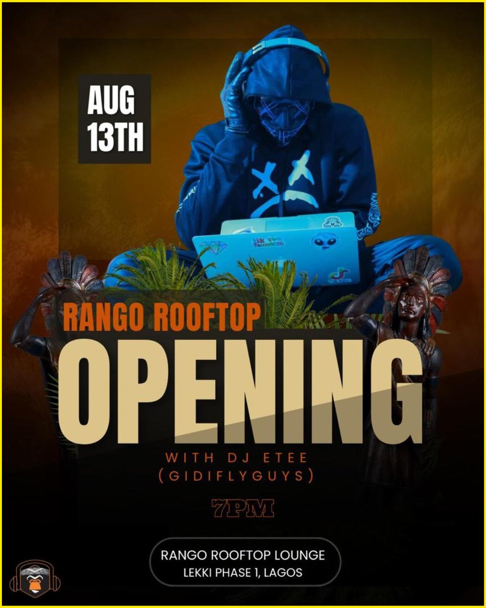 Gidiflyguys's tweet photo. Save the date! On Aug 13th at 7 pm, come chill with Gidiflyguy @whoisetee  at the grand opening of @rangorooftoplounge 🎉 🔥 

#djetee #gidiflyguys  #PartyTime  #Seyi #Davido #GoodVibesOnly  #afrobeatsdj #afrobeats https://t.co/GXV3pVcoKr