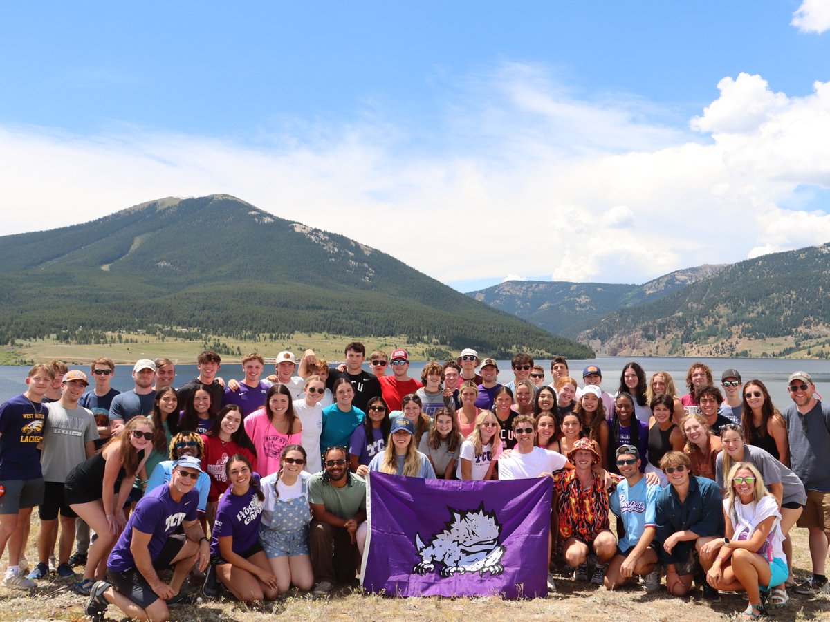 TCU's tweet photo. Frog Camp at 10,000 feet elevation ⛰️
Alpine B in Almont, Colorado includes hiking, white water rafting, rock climbing, zip lining and LIFELONG friendships. 💜 #myTCUsummer https://t.co/V8rBgy6rUK