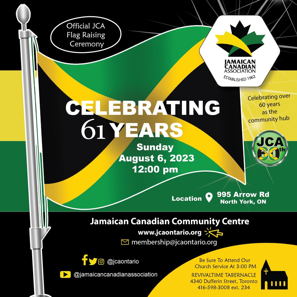 jcaontario's tweet photo. Tomorrow is our official flag raising ceremony at the JCA Centre and we can't wait to see you all there!
Come let's raise our flag and celebrate 61 years of our island's Independence!
#JCAontario #jamaicaindependence #community #jamaica61 https://t.co/LpDp8IgXwp