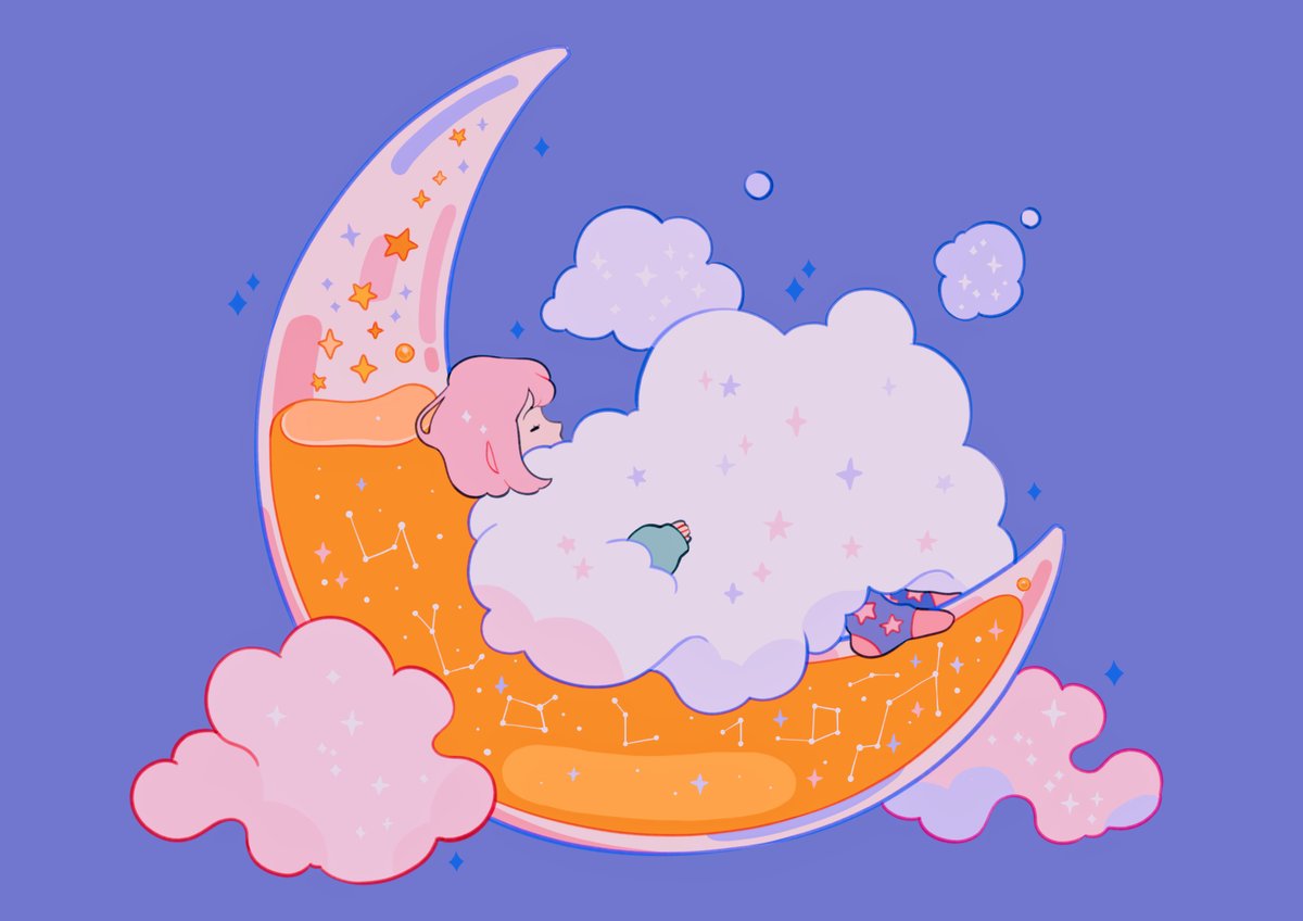 1girl crescent moon purple background simple background pink hair cloud moon  illustration images