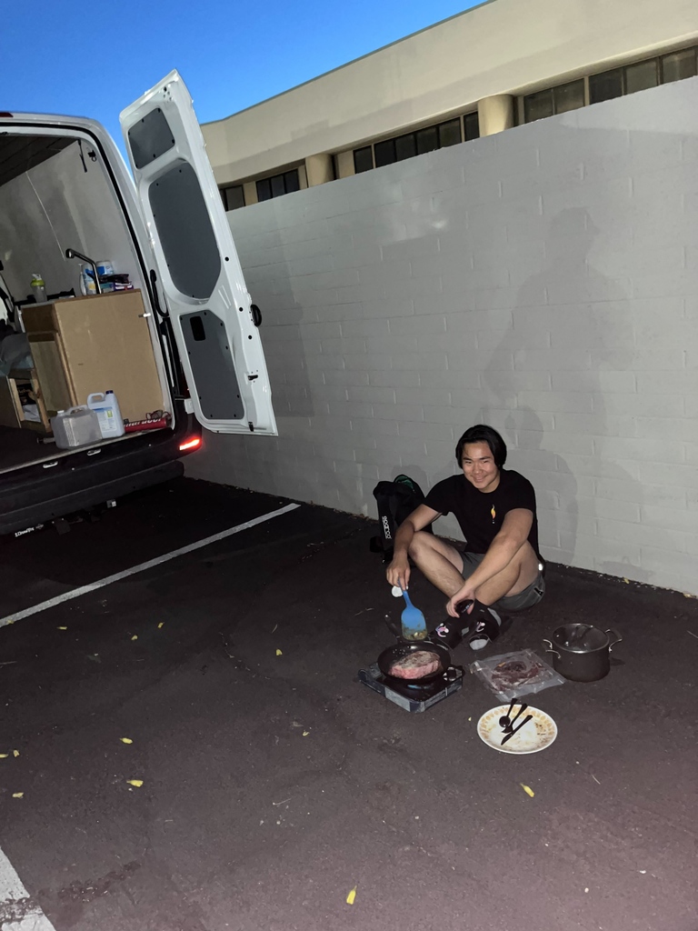 Ladies and Gentleman this is Johnny Vu. A 17 year old trainee living in his van outside of our facility getting some dry reps and cooking a steak after his long day of training 😤 What's your excuse?