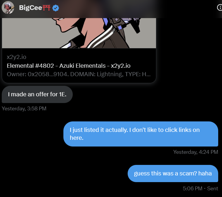 SCAM ALERT‼️
<a href="/nft_BigCee/">BigCee⛩️</a> just tried to get me to click a fake link to transact as well. Be cautious. Always.
