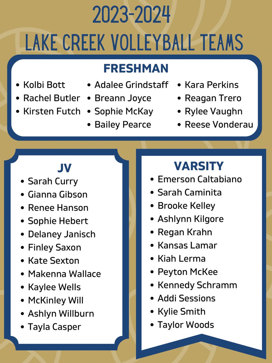 Lake Creek Volleyball (@lakecreekvb) on Twitter photo A huge congratulations to our 2023-2024 Lake Creek Volleyball Team! Time to get to work! <a href="/LakeCreekHS/">Lake Creek High School</a> A huge congratulations to our 2023-2024 Lake Creek Volleyball Team! Time to get to work! <a href="/LakeCreekHS/">Lake Creek High School</a>