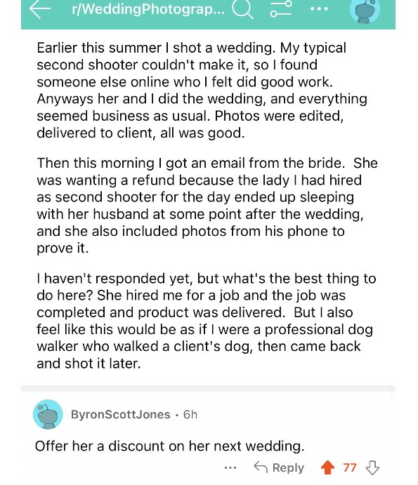 arlenparsa's tweet photo. Apparently this post is the most drama the wedding photographers subreddit has ever seen https://t.co/90v77trG5R