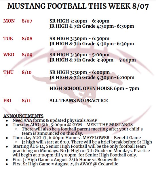 Weekly Schedule! Make sure everyone is hydrating and staying away from carbonated drinks! Last big install week!

Also looking for one adult to head the chain gang this year for Junior and one for senior high. message or text me if interested !