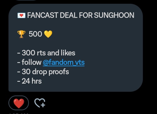 ksniconz_'s tweet photo. 💌 FANCAST DEAL FOR SUNGHOON 

🏆  500 💛

- 300 rts and likes
- follow @fandom_vts 
- 30 drop proofs
- 24 hrs

#ENFuelUp #ENVOOSTERS https://t.co/x6HwHl19cO