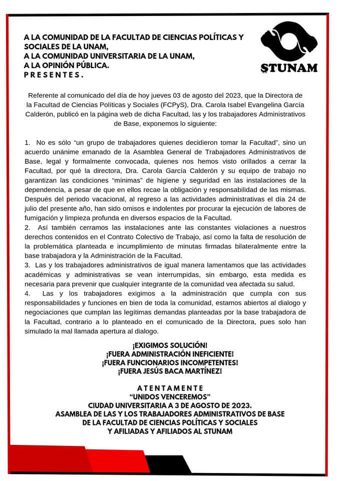 UnionyOllin's tweet photo. Solidaridad con l@s trabajadores de la Facultad de Ciencias Políticas y Sociales de la UNAM, ante la cerrazón de su directora. No a la represión! @stunam @RompevientoTV @julioastillero @paezvarela @alvaro_delgado @sutnotimex @sindicato_sme @ANUEE_MX @AristeguiOnline https://t.co/9LBHJVxtAI