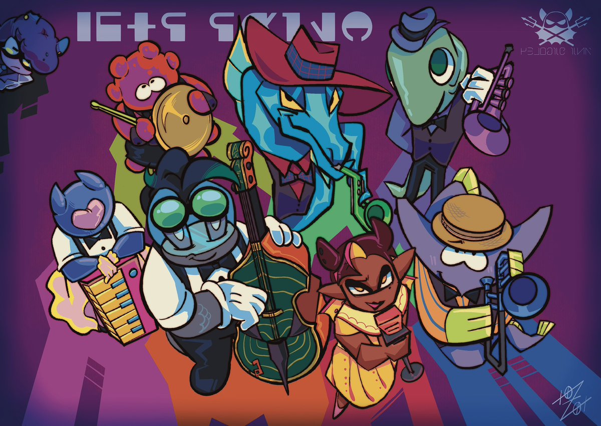 I finally can post this piece I worked on for <a href="/risinghueszine/">Rising Hues Zine💫 OUT NOW!</a> ! Featuring my big band splatband ocs and their terrible manager orazio! Thank you for having me on board!
