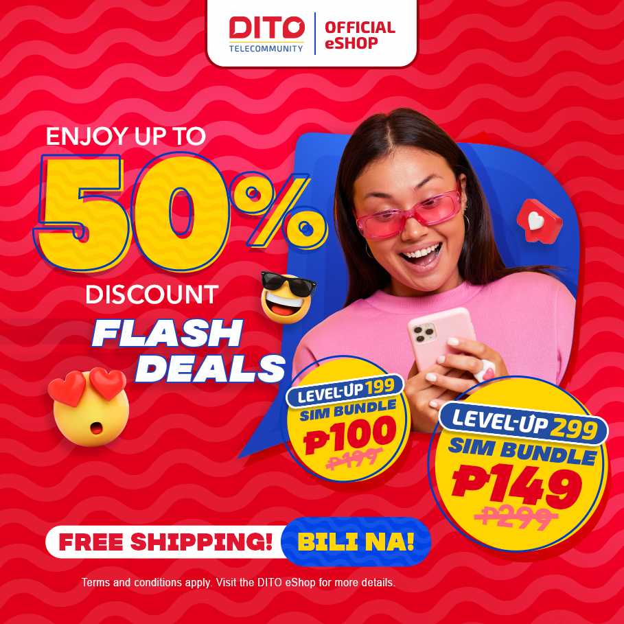 DITOphofficial's tweet photo. Avail TODO offers from DITO today! Get up to 50% OFF* DITO Level-Up SIM Bundles on the DITO eShop. 🙌

Includes:
👉 30 days of all-access data
👉 UNLI DITO to DITO video calls**
👉 All-net calls &amp; texts
👉 PLUS bonus data when you successfully register and activate your DITO SIM https://t.co/V0klIsY9Pq