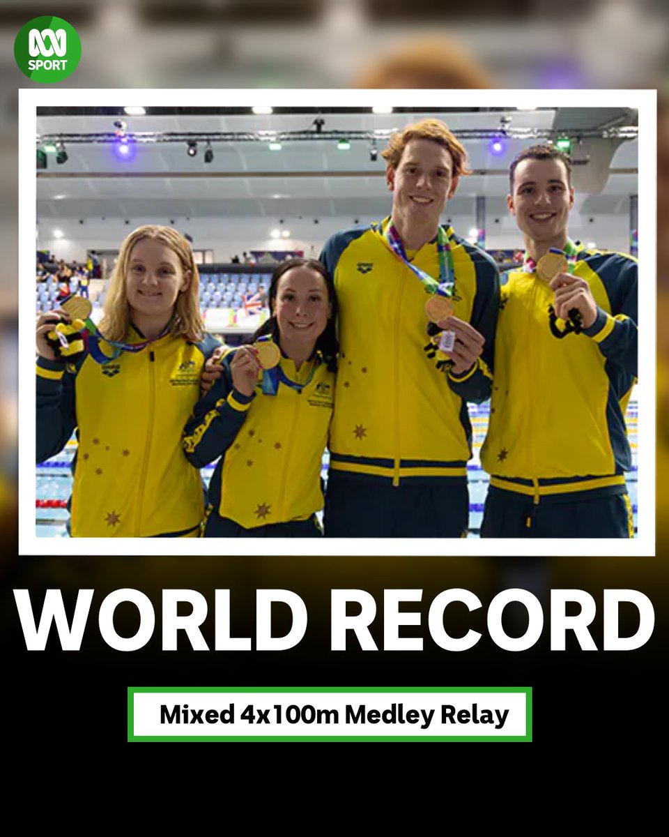 🏊 WORLD RECORD! 🌏

🐬🥇 The Aussie Mixed 4x100m Medley Relay S14 team has set a new record of 4:07.71 at the Para Swimming World Championships, taking gold in Manchester. 💚💛

📸 @SwimmingAUS #ParaSwimming #ThePlaceForGreatness #Manchester2023