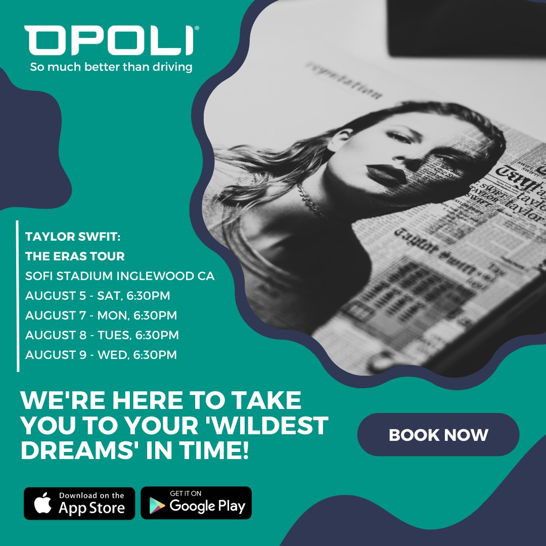 Opoliapp's tweet photo. 🎵 Get ready to 'Begin Again' with Taylor Swift's Eras tour at SoFi Stadium! 🌟 Book in advance with Opoli's rides, and we'll make it a 'Love Story' you won't forget!  https://t.co/L5xsM2WW6s🚀🎶 #TaylorSwiftErasTour #SoFiStadium https://t.co/E7ukMvNmK4