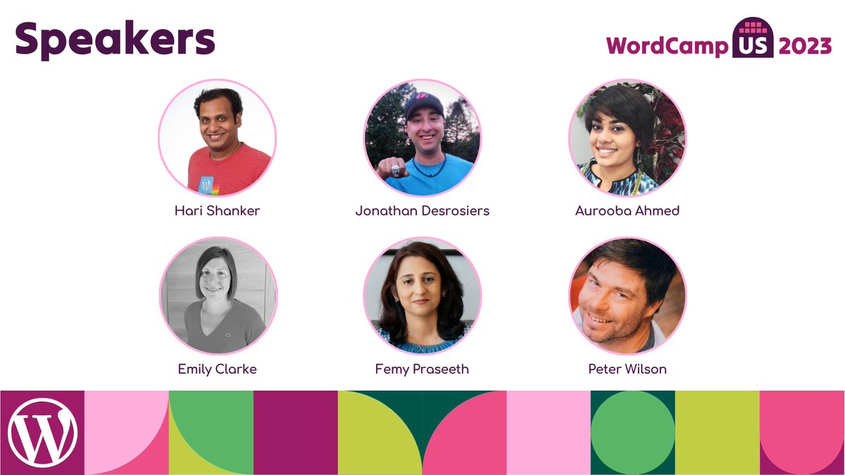 WordCamp US 2024 (#WCUS) (@wordcampus) on Twitter photo Our second round of speakers for WordCamp US 2023 is here!
<a href="/HariShanker/">Hari Shanker</a>, <a href="/desrosj/">Jonathan Desrosiers</a>, <a href="/aurooba/">Aurooba Ahmed</a>, Emily Clarke, <a href="/femkreations/">Femy Praseeth</a>, and <a href="/pwcc/">Peter Wilson 🏳️🌈</a>
Learn more about them at us.wordcamp.org/2023/announcin…
We'll see you soon in National Harbor, MD!
#WCUS Our second round of speakers for WordCamp US 2023 is here!
<a href="/HariShanker/">Hari Shanker</a>, <a href="/desrosj/">Jonathan Desrosiers</a>, <a href="/aurooba/">Aurooba Ahmed</a>, Emily Clarke, <a href="/femkreations/">Femy Praseeth</a>, and <a href="/pwcc/">Peter Wilson 🏳️🌈</a>
Learn more about them at us.wordcamp.org/2023/announcin…
We'll see you soon in National Harbor, MD!
#WCUS