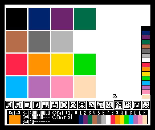 nf_ban's tweet image. 唐突に #MSX で #pico8 風のカラーパレットを作ってみたらそこそこ似ている(Alternateカラーは考えない)。このパレットを使って巷の画像をMSX用に画像変換すれば、みんなPICO-8ぽく見えるんじゃね？という思考実験をやってみたい。ついでにビットマップサイズも128x128pxにしてみるか…