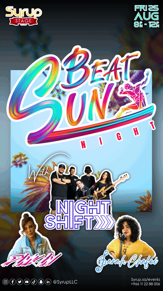 Sun Beat هي أمسية تحصل على إشراقها من المواهب الرائعة المختلفة فيها! انضموا إلينا يوم الجمعة واستمتعوا بعروض فرقة NightShift والموهوبة سارة الشافعي وP I N K I N!🔥

syrup.sa/event/sun-beat…