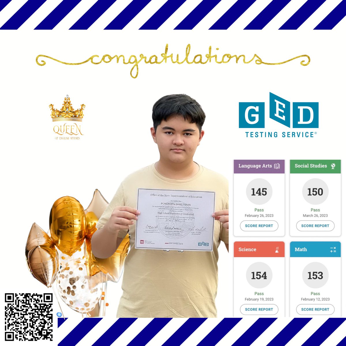 QueenofEnglish_'s tweet photo. ขอแสดงความยินดีกับนักเรียน QoES ที่สอบเทียบ GED จบม.ปลายเป็นที่เรียบร้อยค่ะ น้องเรียนคอร์ส 65 ชั่วโมง ครบจบทั้ง 4 วิชา ลงเรียนตอนอายุ 15 ปี สอบผ่านตอนอายุ 16 ปีพอดีค่า

#สอบged #เรียนged #นักเรียนแลกเปลี่ยน #สอบIELTS #ติวIELTS #เรียนIELTS #สอบSAT #เรียนSAT #Dek67 #Dek68 https://t.co/d8wWS75vPS