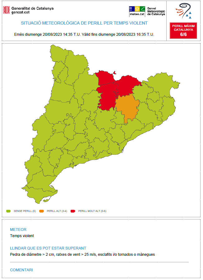 meteocat's tweet photo. ⚠ El Servei Meteorològic de Catalunya emet avís per temps violent (#avisosSMP) ⚠

➡ Dg. 16:35 a dg. 18:35 h

➡ Possibilitat de pedra de diàmetre > 2 cm, ratxes de vent > 25 m/s, esclafits i/o tornados o mànegues. 

➡ Grau de perill màx. 🔴 6/6 

*Hora local (h) = TU +2 https://t.co/tqpNqohodB