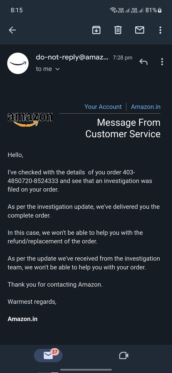 M_pothani's tweet photo. @amazonIN started a new scam which will allow every to buy but if you try to retun they will send out a email with out any explanation. 
#newscam #amazonisreplacable #Amazonfraud https://t.co/ZQ7Ogr9uA5