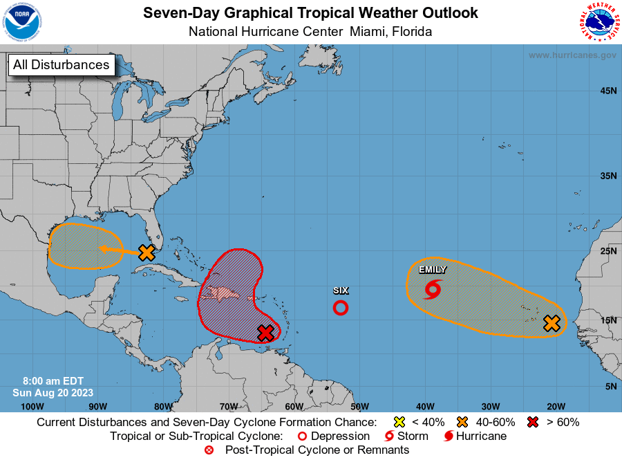 Stormyalert's tweet photo. Se nota que estamos entrando en el pico de la temporada de huracanes del Atlántico, actualmente tenemos dos sistemas activos la depresión tropical 06L y la tormenta tropical Emily, junto a diferentes sistemas que podrían desarrollarse en diversas zonas del océano🌀 #metel https://t.co/016ILcNPWI