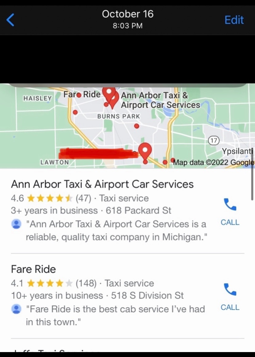 rideskoop's tweet photo. Both of these companies have missing reviews like us. @cabrideA2  has over 70 missing after being open for 13 years. Ann Arbor Taxi has at least 10 missing &amp; has been open via different owners over 30 years. Here’s your evidence from last year. @GoogleMyBiz can you retrieve? https://t.co/pqKAQKZRRd