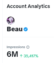 BeauTrades_'s tweet photo. How I got over 6 Million Impressions in less than 48 Hours

For transparency I started 2 days ago with around 50k impressions per month average. 

Then rocketed my account to becoming monetized in a 48 hour span. 

The things that I learned:

- Be prepared to grind replies

- Prioritize replies on drama or major events. 
(Thank you to @dillondanis for the past 48 hours lol)

- Create original content/memes to stand out

Here's the key:

We created an influencer group where we will have 75 monetized accounts constantly on top of the meta and trends. 

Helping each other to succeed and having a unit of 75 strong monetized accounts. 

In order to test the X monetization I will be much more active on posting.

You can see how much I earned in the coming weeks by following @Beau11007