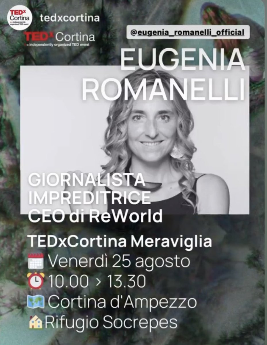 Sono quasi pronta per la mia <a href="/TedConferences/">TED</a> per <a href="/TEDxCortina/">TEDxCortina</a> !!

Parlerò di #donne leader di #cambiamento, #uniqueness #divesity #DEI #sostenibilitasociale #agendaonu2030 e dei miei progetti ReWriters e ReWorld srl🌹

Qui i biglietti👇
eventbrite.it/e/biglietti-te…