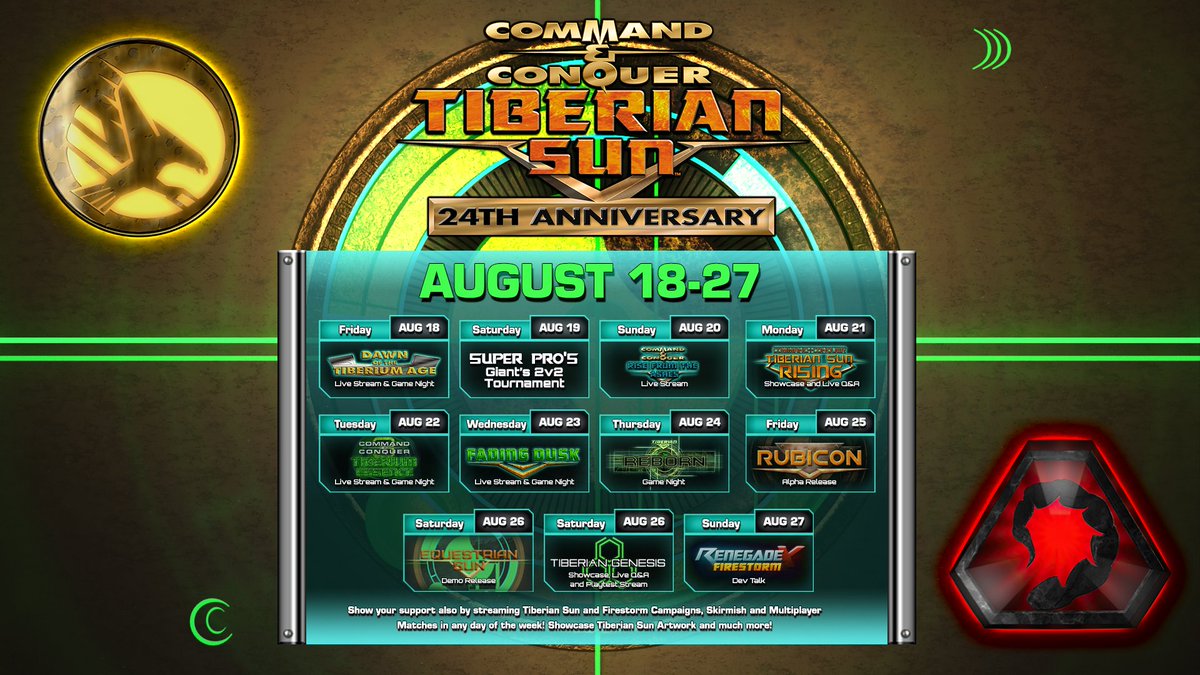 We are participating in the Community's 24th Anniversary of Tiberian Sun! 

Join us tomorrow at 2PM (GMT +0) for a small showcase and Q&amp;A

Details on Facebook Event fb.me/e/1dKzFDnTh Hosting on TS Anniversary's Discord server: discord.gg/MuNuuvQZJB