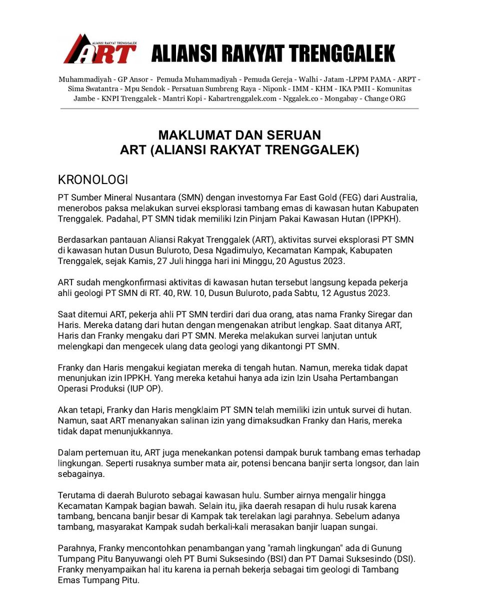 rakyatnggalek's tweet photo. MAKLUMAT DAN SERUAN ALIANSI RAKYAT TRENGGALEK

Sudah ditolak, beraktivitas tanpa izin, ditambah nipu-nipu kalau tambang itu ramah lingkungan. Haduuhhh...ingin berkata kasar 😡😡😡

#TolakTambangEmasTrenggalek
#PTSMNMinggato
#FarEastGoldAustraliaPenjajah
#TambangEmasRaRitek https://t.co/T3kiOwbvVz
