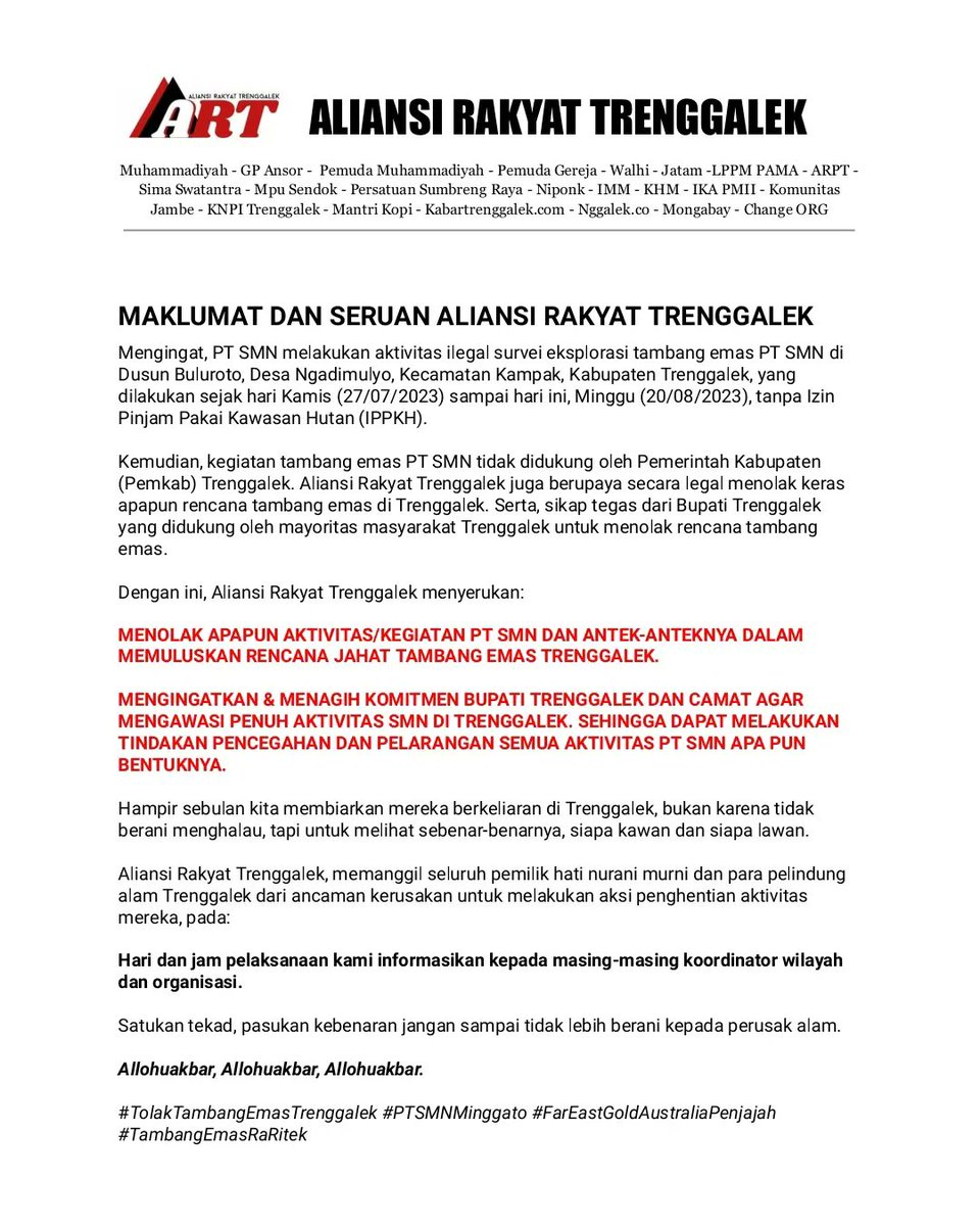 rakyatnggalek's tweet photo. MAKLUMAT DAN SERUAN ALIANSI RAKYAT TRENGGALEK

Sudah ditolak, beraktivitas tanpa izin, ditambah nipu-nipu kalau tambang itu ramah lingkungan. Haduuhhh...ingin berkata kasar 😡😡😡

#TolakTambangEmasTrenggalek
#PTSMNMinggato
#FarEastGoldAustraliaPenjajah
#TambangEmasRaRitek https://t.co/T3kiOwbvVz