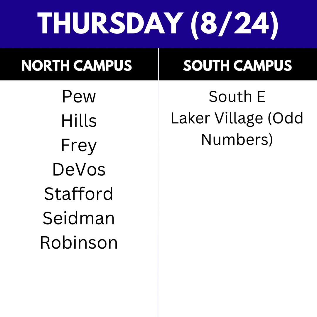 Wondering what day you can move in? Check out the graphics below to see when your building is assigned! You can find more details and times at the link below. 

services.gvsu.edu/TDClient/60/Po…