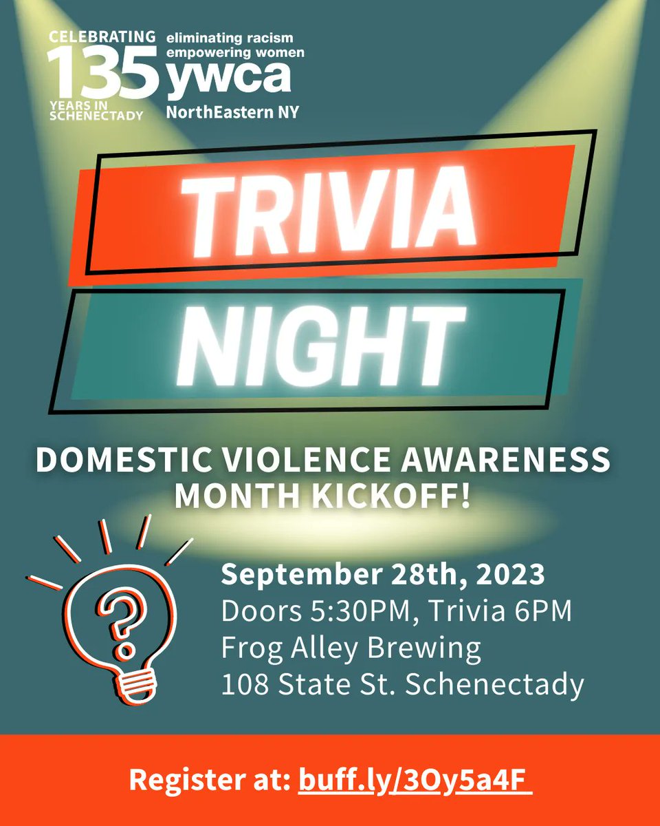Get ready to test your knowledge and have a blast at Trivia Night! Grab your friends, form a team, and prepare for an evening of fun!

🏆 Prizes for the top teams!
🤝 Socialize and network
💜Support a cause

All proceeds from this event benefit YWCA NENY's dv support services.