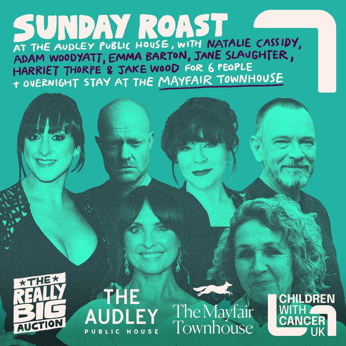 A Sunday roast at the <a href="/TheAudley1/">The Audley Public House</a> with the talented <a href="/Nat_Cassidy/">Natalie Cassidy</a> <a href="/AdamWoodyatt/">Adam Woodyatt</a> <a href="/EmmaBarton/">Emma Barton🎭</a> <a href="/harriet_thorpe/">Harriet Thorpe</a> <a href="/mrjakedwood/">Jake Wood</a> and Jane Slaughter.

✍️ Register from 8am on Wed 30 Aug. 24hrs before the auction goes live on Thur 31 Aug. bit.ly/3E3woeF