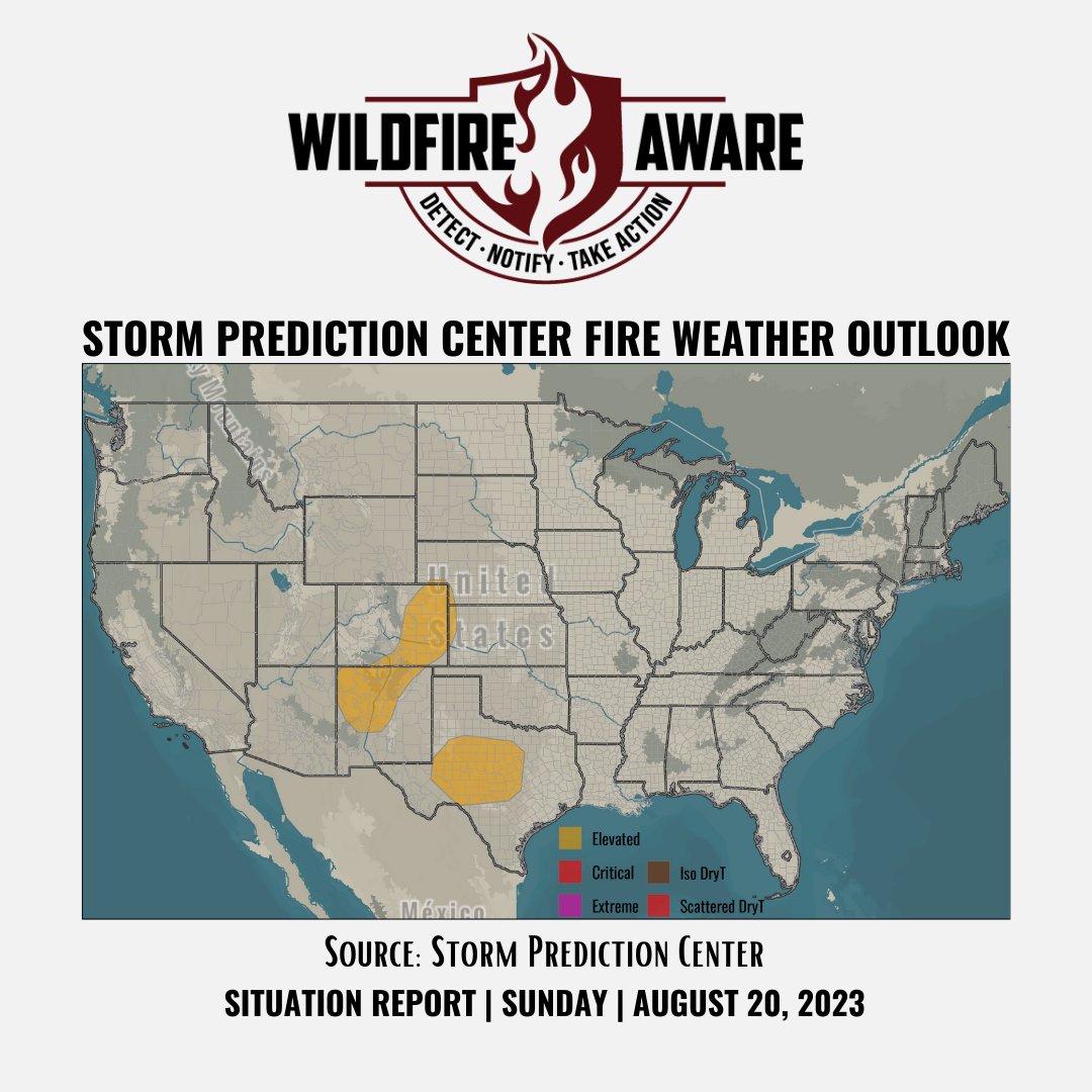 #WildfireAware Situation Report for Situation Report for SUNDAY | AUGUST 20, 2023, for the United States. #Fireseason2023

We are at National Preparedness Level 4. #PL4

#InitialAttack activity continues to be LIGHT, with 123 NEW FIRES reported. 

There are 6 NEW LARGE FIRES in…