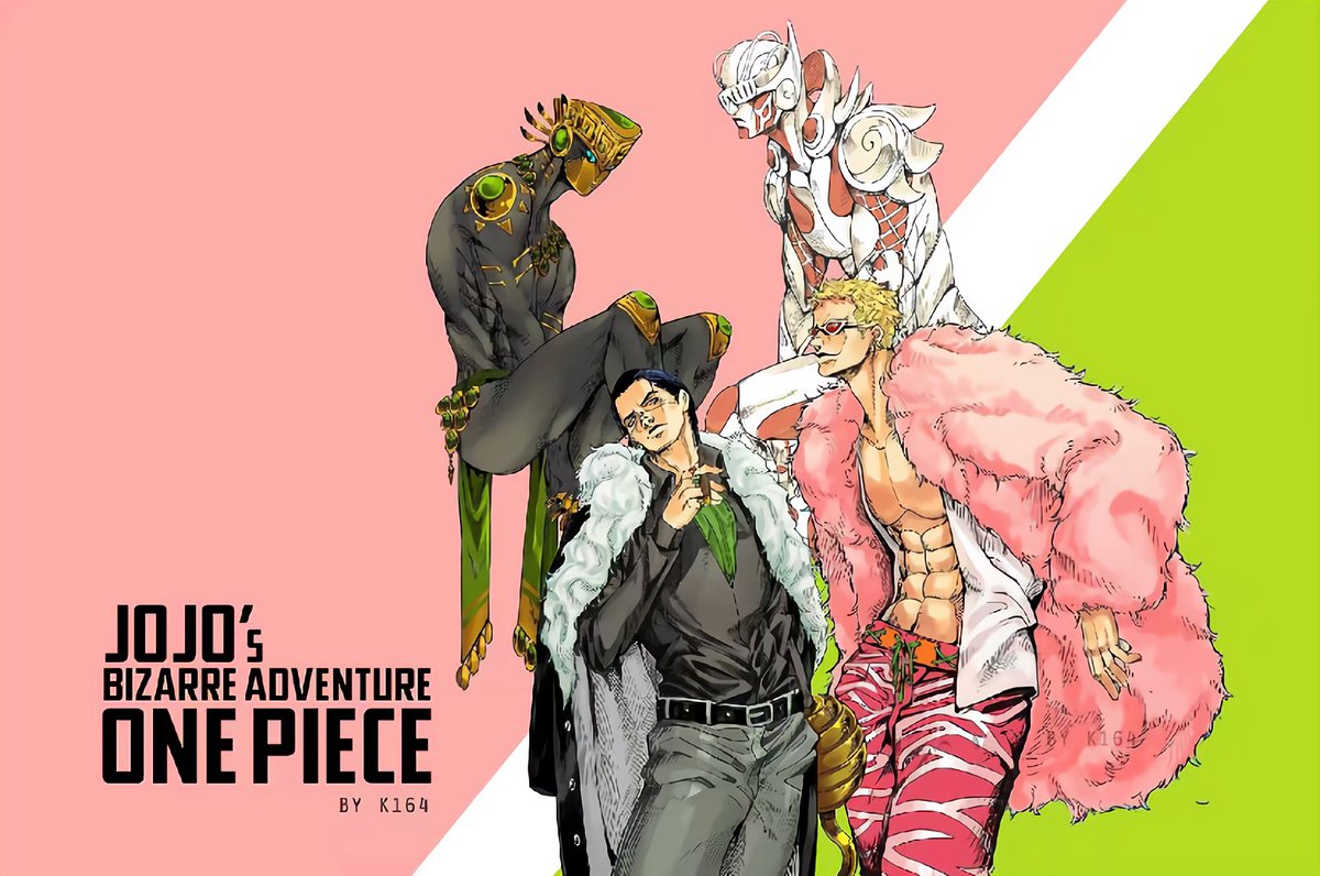 onepiecedaiIys's tweet image. Crocodile and Doflamingo in Jojo’s Bizarre Adventure style !
