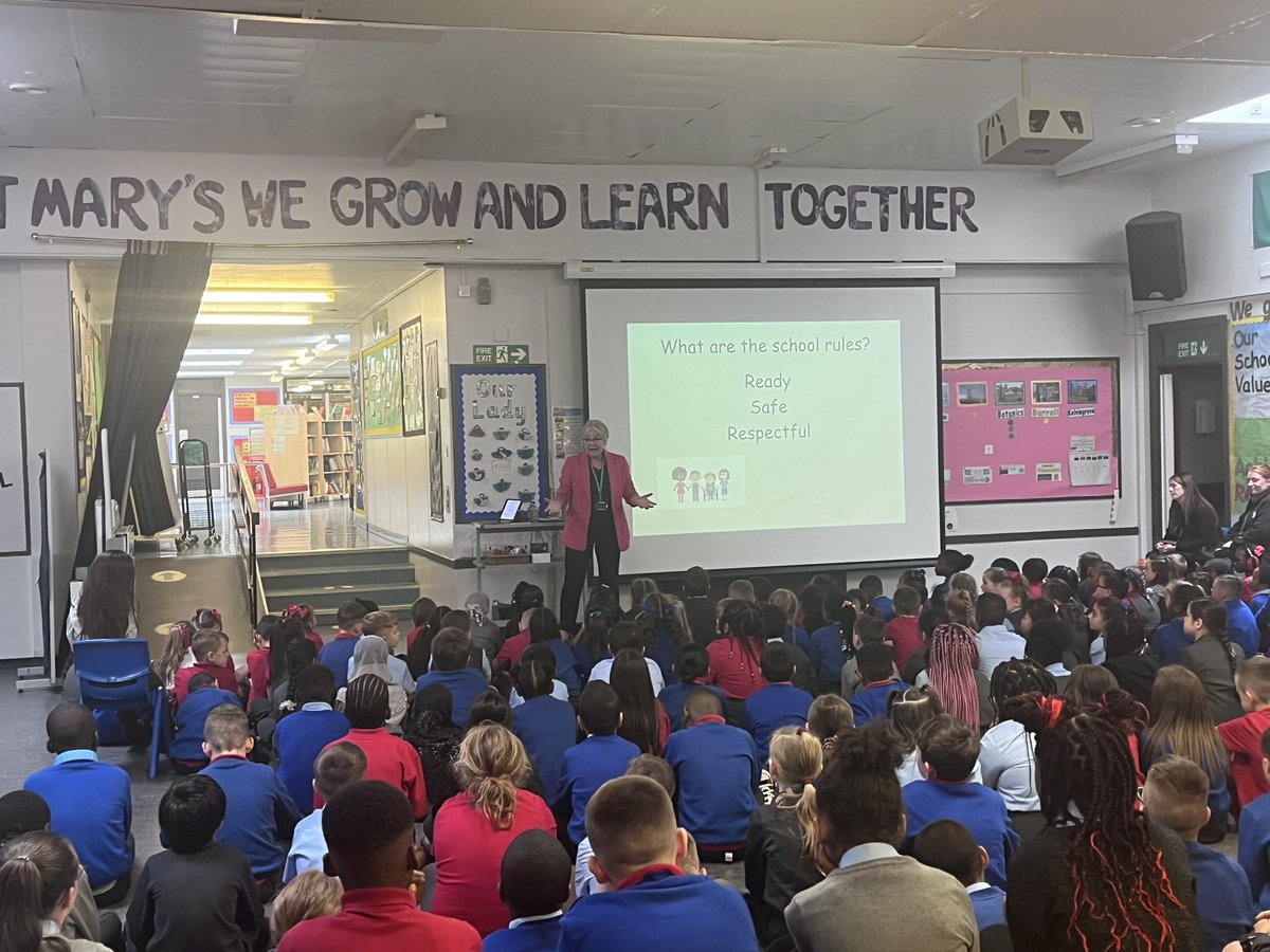 stmarysmaryhill's tweet photo. At the first assembly of the year Mrs McGeachie spoke to the children about our school rules and how to be ready, safe and respectful in St Maryโs. The children were also reminded about being kind to each other. #newschoolyear #readysaferespectful #bekind https://t.co/T6kmv5XSpR