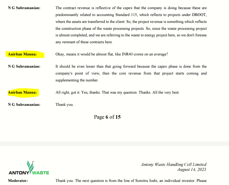 AnirbanManna10's tweet photo. 👉Vishnu Chemicals
👉Antony Waste
🎯I asked questions in Q1 FY24 #conference call (#Concal)- Check the images
🎯Antony Guidance - https://t.co/BxNAotxT7v
🎯Vishnu Guidance for FY24 -> Chromium segment Volume growth - 10%
Barium segment Volume Growth- 30%+
Margin in both- 20% https://t.co/MqW4MuI4bc