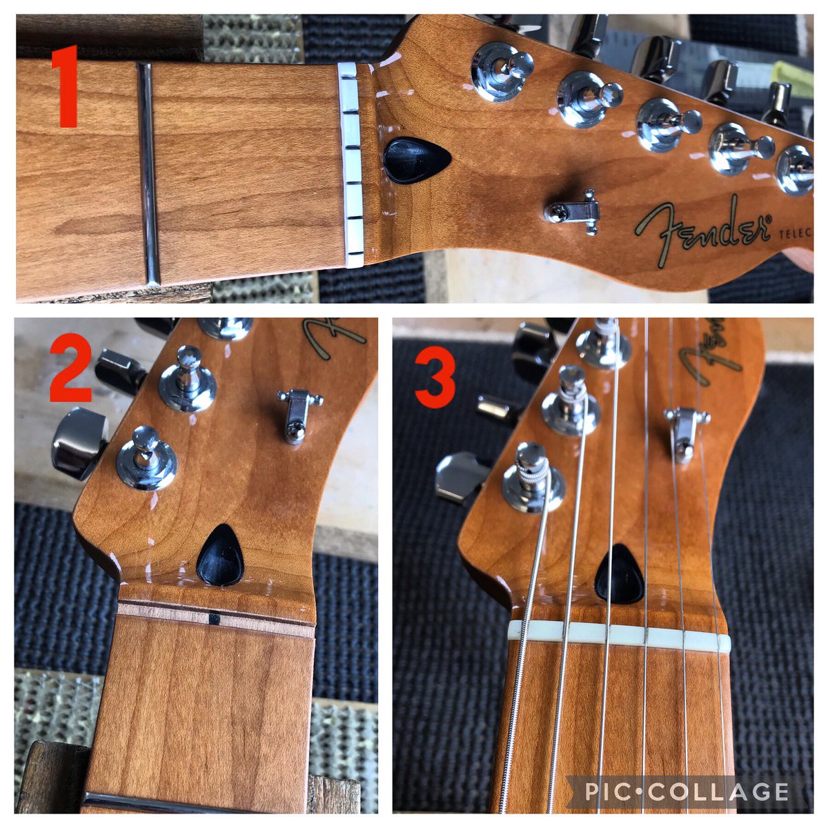 ABGuitartech's tweet photo. Back at work - replacing the horrible tone sucking nut on this Tele with a custom made bone nut. String spacing a touch wider than the original and sounds SO much better.
#fender #fendertele #tele #telecaster #fendertelecaster #roastedmaple #topnut #bonenut #bonetopnut https://t.co/r4Te1WGodu