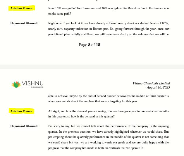 AnirbanManna10's tweet photo. 👉Vishnu Chemicals
👉Antony Waste
🎯I asked questions in Q1 FY24 #conference call (#Concal)- Check the images
🎯Antony Guidance - https://t.co/BxNAotxT7v
🎯Vishnu Guidance for FY24 -> Chromium segment Volume growth - 10%
Barium segment Volume Growth- 30%+
Margin in both- 20% https://t.co/MqW4MuI4bc