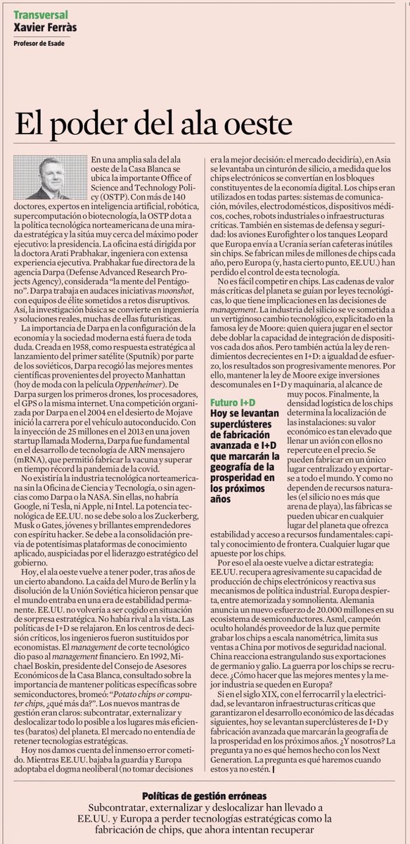 En 1992, un asesor económico de la Casa Blanca manifestó: "fabricar chips de patata o fabricar chips electrónicos, ¿qué más da?". Hoy, es estratégico controlar la fabricación de semiconductores. El poder del Ala Oeste, en <a href="/LaVanguardia/">La Vanguardia</a>