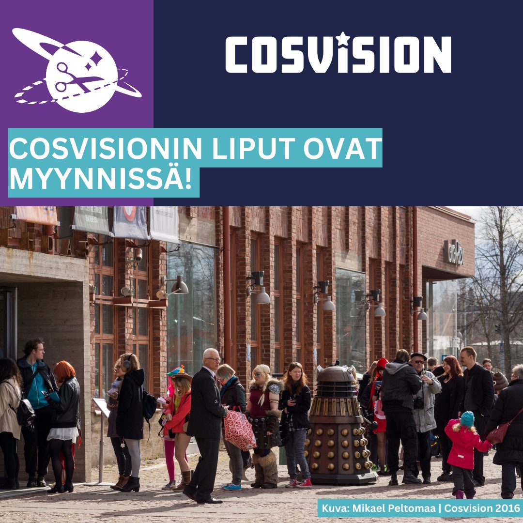 Cosvision 2023:n lipunmyynti alkaa NYT! 💜 Nappaa oma lippusi Kompassista hintaan 21,50€ ja tule marraskuussa kanssamme juhlistamaan suomalaista cosplayta Espoon kulttuurikeskukseen. ✨

Lipunmyyntiin: kompassi.eu/events/cosvisi…
Lisätietoja: cosvision.fi/lipunmyynti