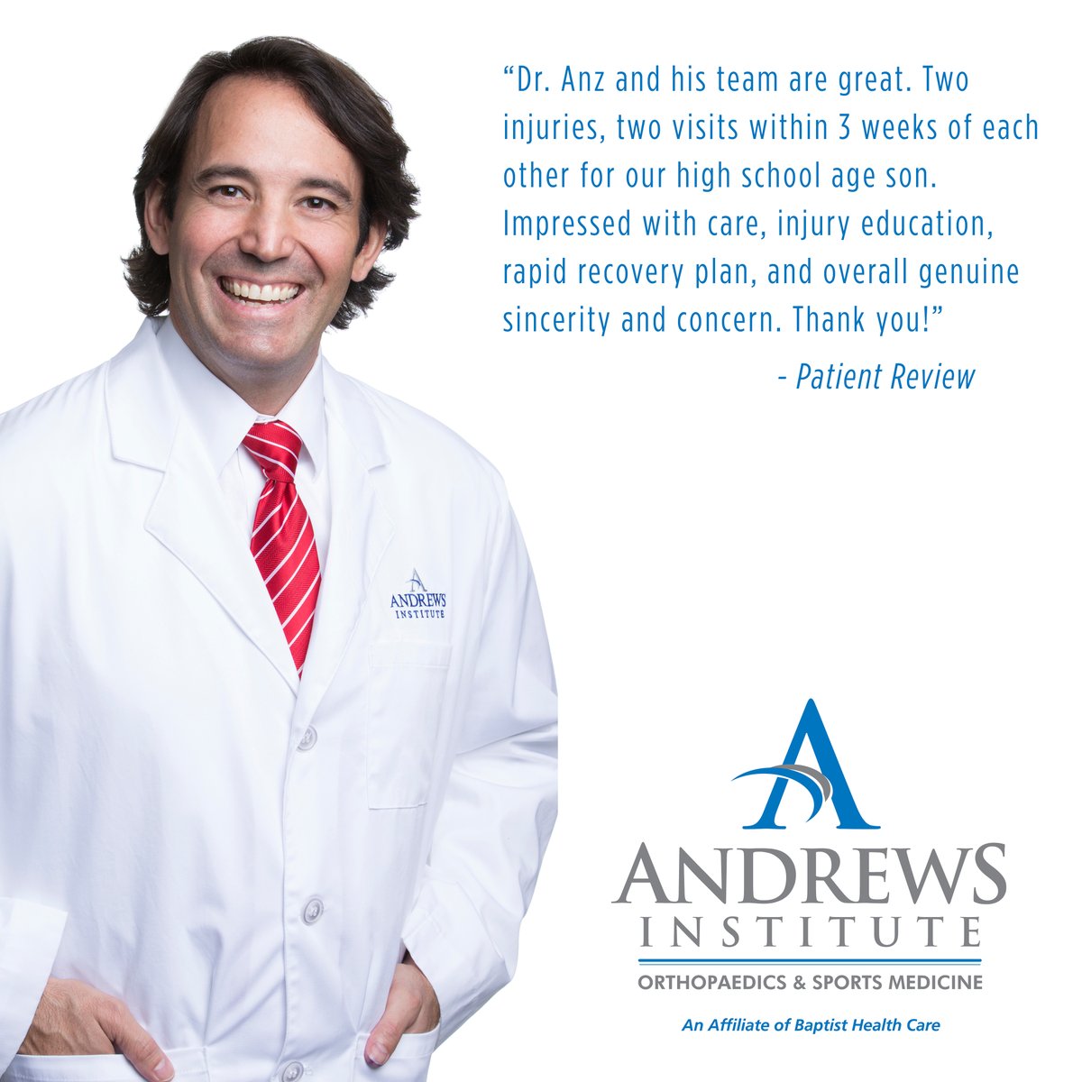 Thank you for taking the time to let us know, we appreciate it! To learn more about Dr. Adam Anz or schedule an appointment, visit his profile page at ow.ly/4tkk50NPgnb. #andrewsinstitute #sportsmedicine #orthopedics #nwfl #patientfeedback