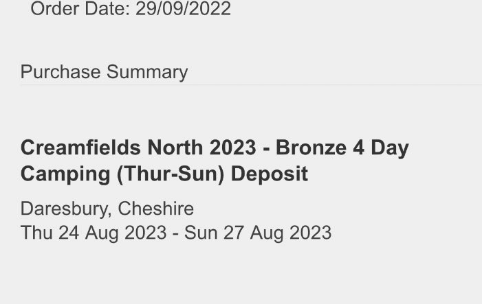 I might be SELLING TWO Bronze 4 Day Camping CREAMFIELDS NORTH TICKETS!

Can Ship first class asap when bought or pick up in LONDON AREA📍

£250 each or best offer🤝

#creamfieldsnorth #creamfieldstickets #Creamfields 

Serious people only please! 

RTS appreciated