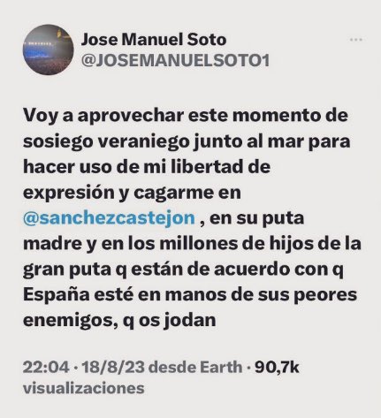 judit_sinhache's tweet photo. Lo que me sorprende no es que hayan SUSPENDIDO DOS CONCIERTOS, pagados con dinero público, a JOSÉ MANUEL SOTO tras su tuit insultando a Pedro Sánchez…

Si no que los alcaldes de VILLACARRILLO (Jaén) y BORMUJOS (Sevilla) que lo han cancelado son del PP

A ver si los alcaldes de Utrera, Carmona y Logrosán, también del PP, hacen lo mismo