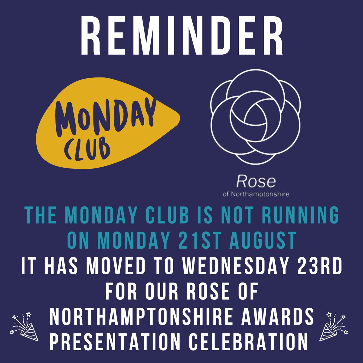 Reminder that our #MondayClub is on Wednesday this week for our #RoseOfNorthamptonshire awards presentation celebration! It'll be a great afternoon, celebrating those who have supported our community 💛

Be sure to join us from 12-4pm!

#tmdf #mccarthydixon #northampton