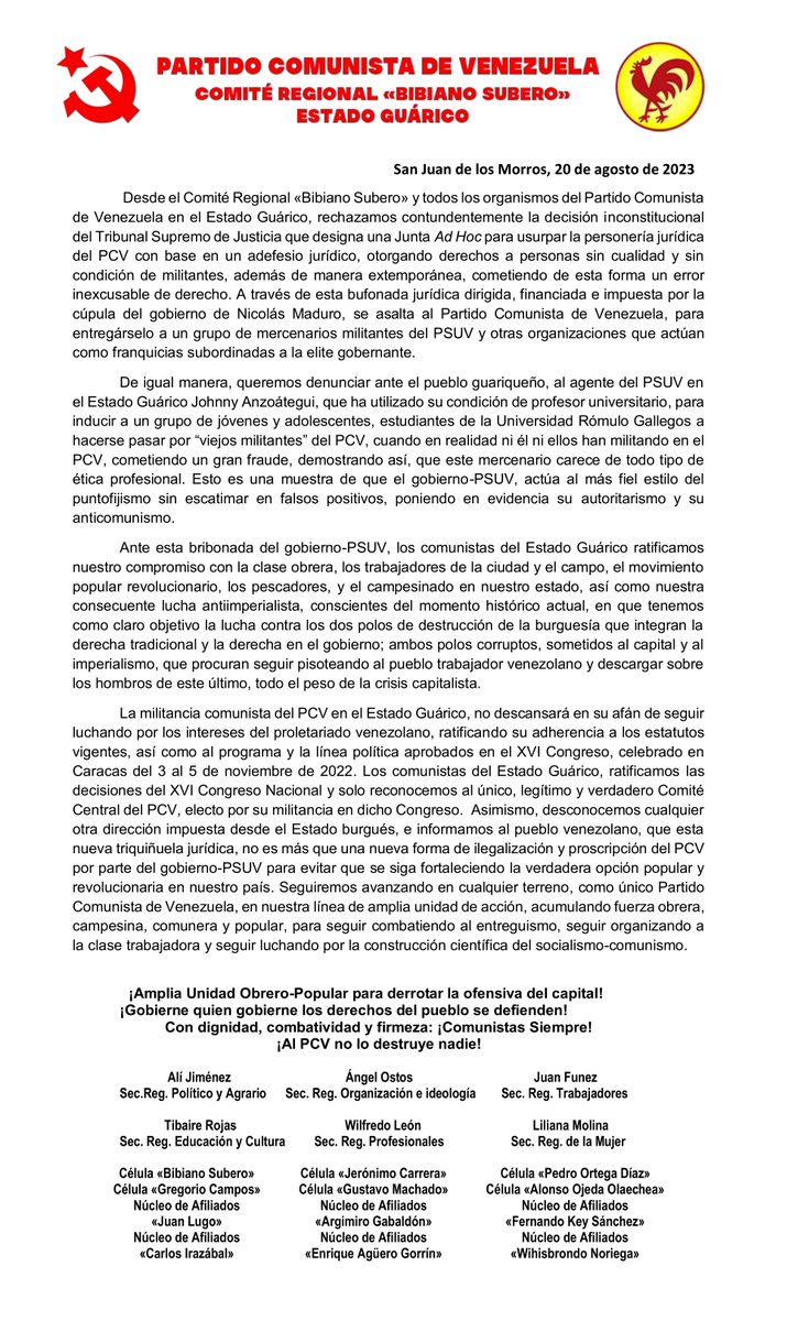 Pronunciamiento del Comité Regional 'Bibiano Subero' del Partido Comunista de Venezuela en el Estado #Guárico rechazando la decisión inconstitucional del TSJ, que forma parte del plan de asalto orquestado por el Gobierno-PSUV para  robarse al @PCV_Venezuela 
#YoDefiendoAlPCV