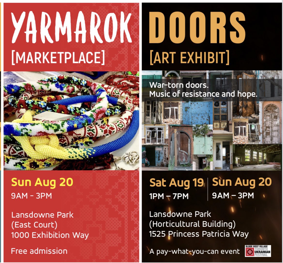 CapUkrFestival's tweet image. 🌅 Day Two of the Capital Ukrainian Festival in Ottawa 🇨🇦. Two events today. Our art exhibit (with music and bar) and our Yarmarok (marketplace) with vendors, Ukrainian food, and a second stage of music. See you soon, doors open at 9 am. All at Lansdowne Park. #OCUF2023 🚪🎶🥟🇺🇦